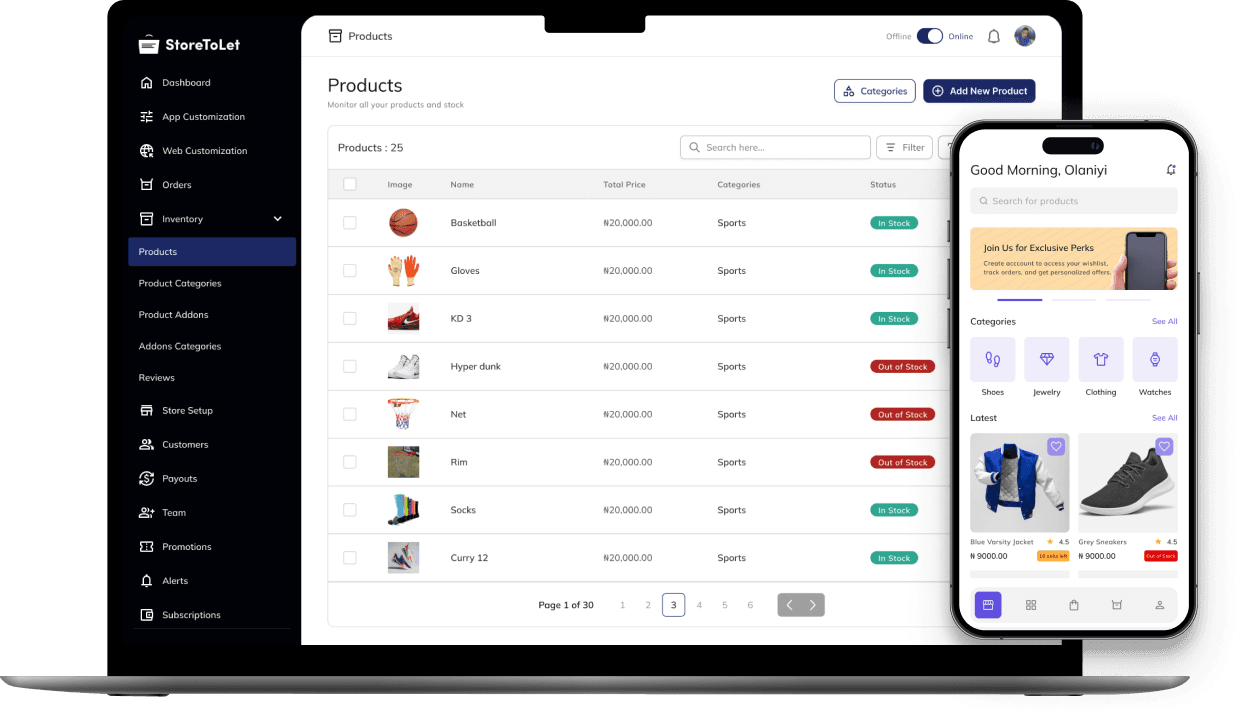 Landing page preview showing StoreToLet business suite interface